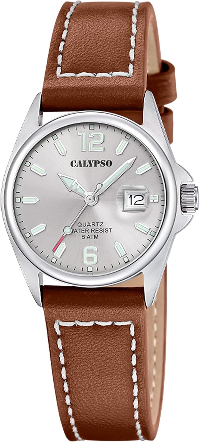 Calypso Women's Analogue Leather Watch – Quartz Movement – High Resistance Mineral Glass – Waterproof 5 ATM – Elegant Classic Vintage – Calendar K5871 – Basic