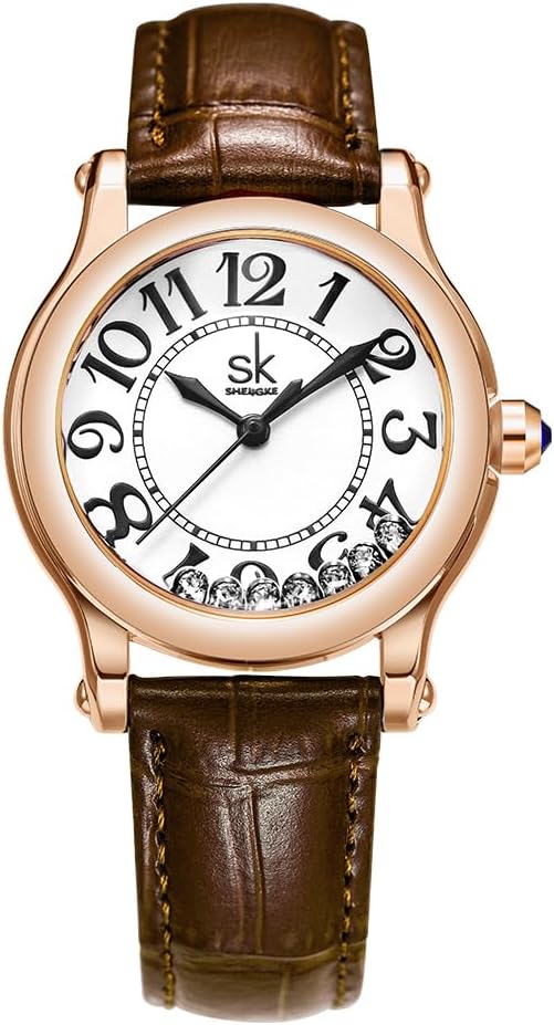 SHENGKE Fashion Casual Female Watch Easy Read Dial 12 Hours Display Round Case Analog Wrist Watch Soft Breathable Leather Strap