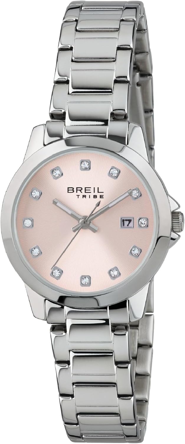 Breil, Collezione Classic Elegance, Orologio Donna in Acciaio, Movimento al Quarzo Solo Tempo, Quadrante Rosa, Lunetta con Sfere Argento e Cristalli, Resistente all'Acqua, Cassa 28mm, Silver-Rosa