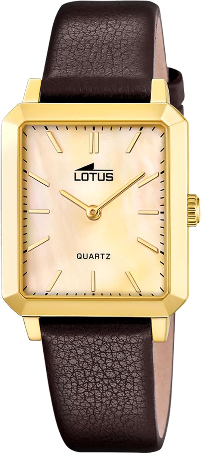 Lotus Women's Watch 18988/2 Square Series Stainless Steel Case 316L Gold Brown Leather Strap, gold, Strap