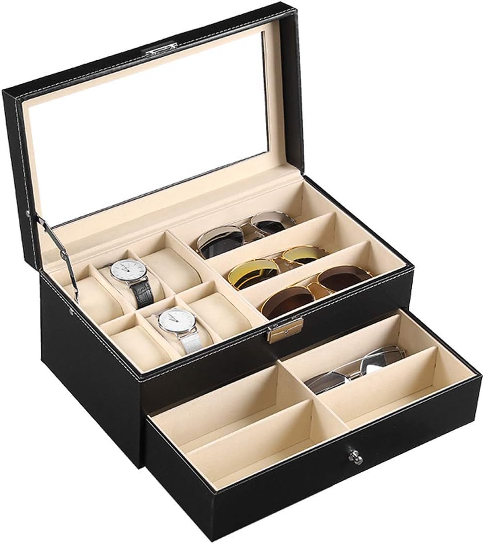 AUTOARK AWU-048 Leather Watch Box for 6 Watches and 9 Sunglasses, with Drawer, Transparent Glass, Black, AWU-048