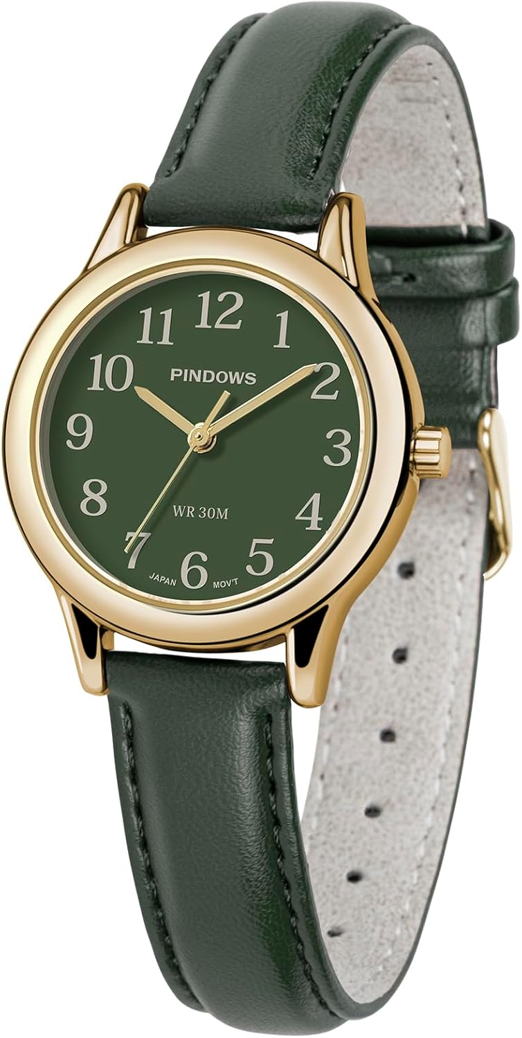 PINDOWS Ladies Classic Analog Watch - Elegant Gold Case with Black Leather Strap 30M Water Resistant Simple Design for Fashion Women
