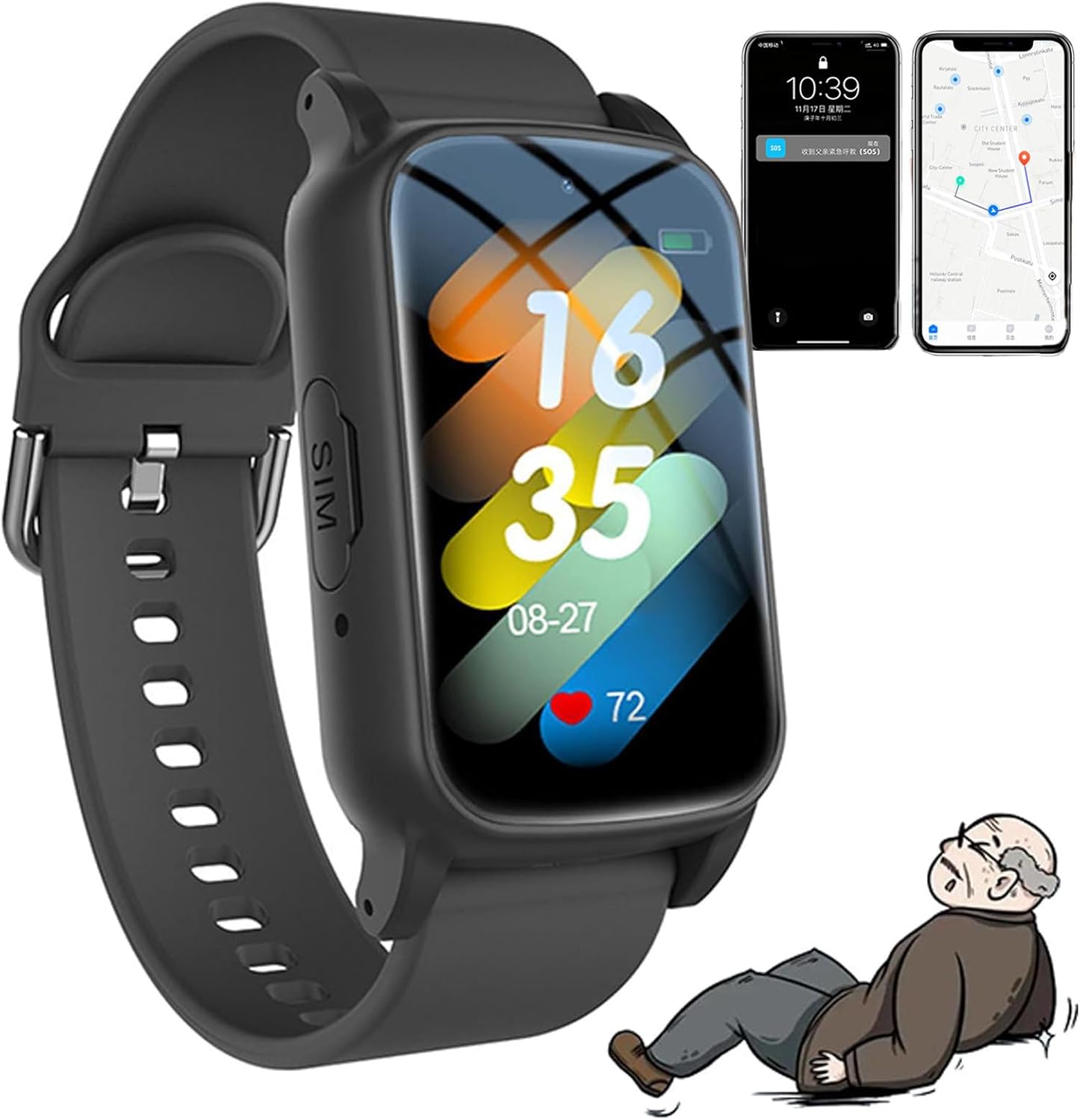 Elderly Anti-Fall Watch with GPS | SOS Button | HD Phone | Health Monitoring | Auto Response, Fall Reminder, for Alzheimer's and Dementia Patients, Black