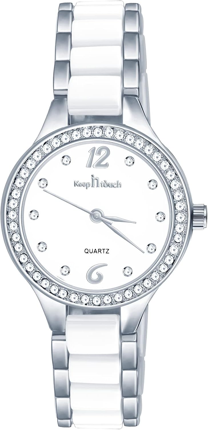 Women Quartz Watch White Ceramic Round Analog Minimalist Dial Stainless Steel Alloy Bracelet