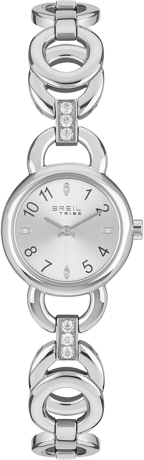 Breil, Alya Collection, Women's Steel Watch, Round Braided Mesh Bracelet, Minimal Round Dial, Embellished with Crystals, Case 26 mm, Jewel Clasp, silver, Modern