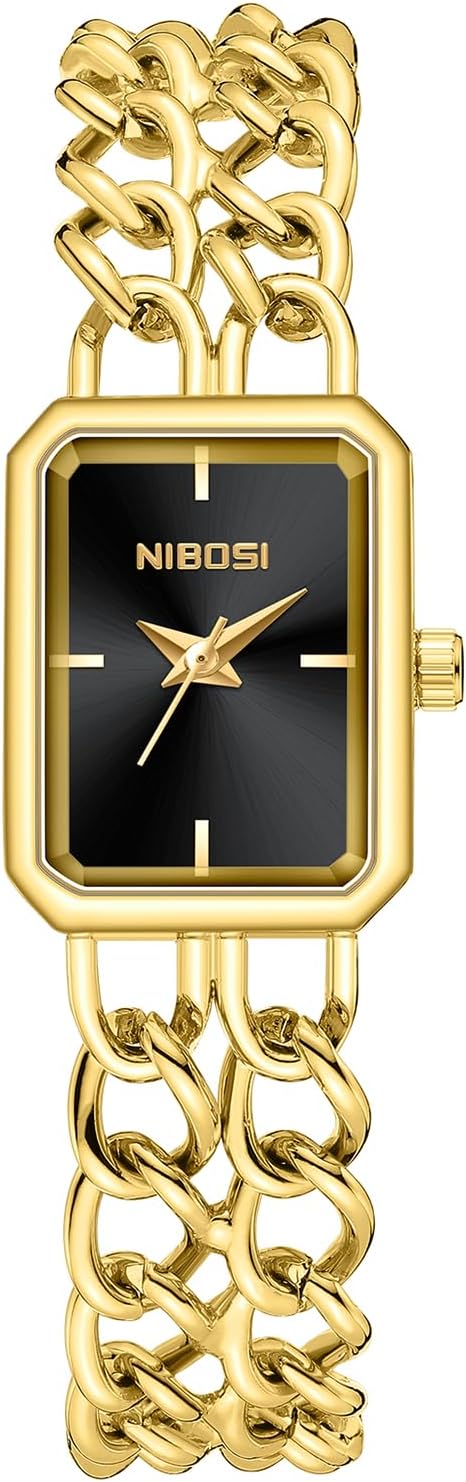 NIBOSI Women's Watch, Black Rectangular Dial, Double Chain Bracelet, Gold, Elegant, Elegant, Fashion, Casual, Vintage, Quartz, Waterproof, Stainless Steel, Fashion, Stylish., Black, Modern