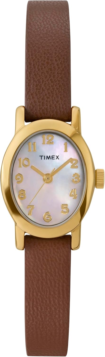 Timex Main Street Women's Watch 18 mm, Brown Leather Strap, Mother of Pearl Dial, Gold Case, TW2W82500