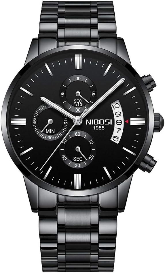 NIBOSI Men's Chronograph Watch with Black Dial, Black Stainless Steel Case, Analogue Display, Waterproof, Gift, Elegant, Refined, Robust, Date, Casual, Sporty, Luxury, Black, Modern