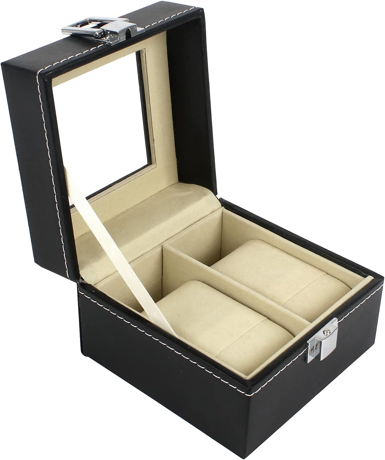 1 x Watch Box with Double Box for Watches with Polyurethane Leather Watch Organizer with Acrylic Cover and 2 Removable Pillows, Black