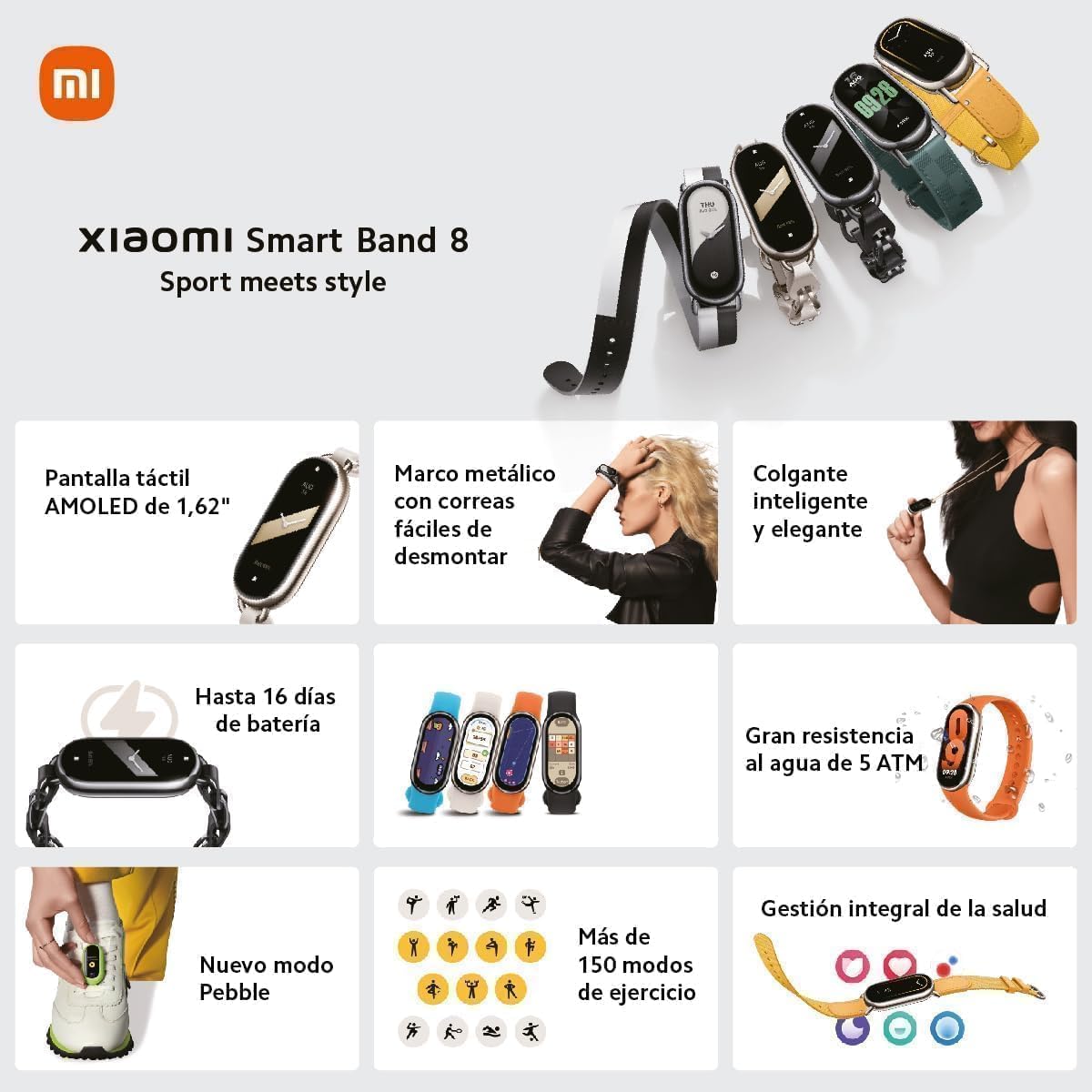 Xiaomi Mi Smart Band 8 Activity Bracelet, AMOLED Display, Heart Rate Monitor, 190mAh, 150+ Sports Modes, Up to 16 Days Runtime, Gold