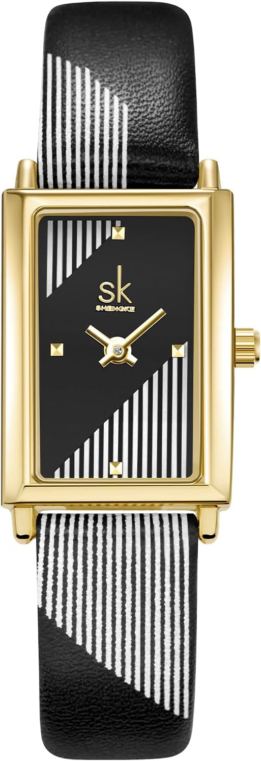 SHENGKE Women's Quartz Watch with Rectangular Stainless Steel Case and Milanese Mesh Strap