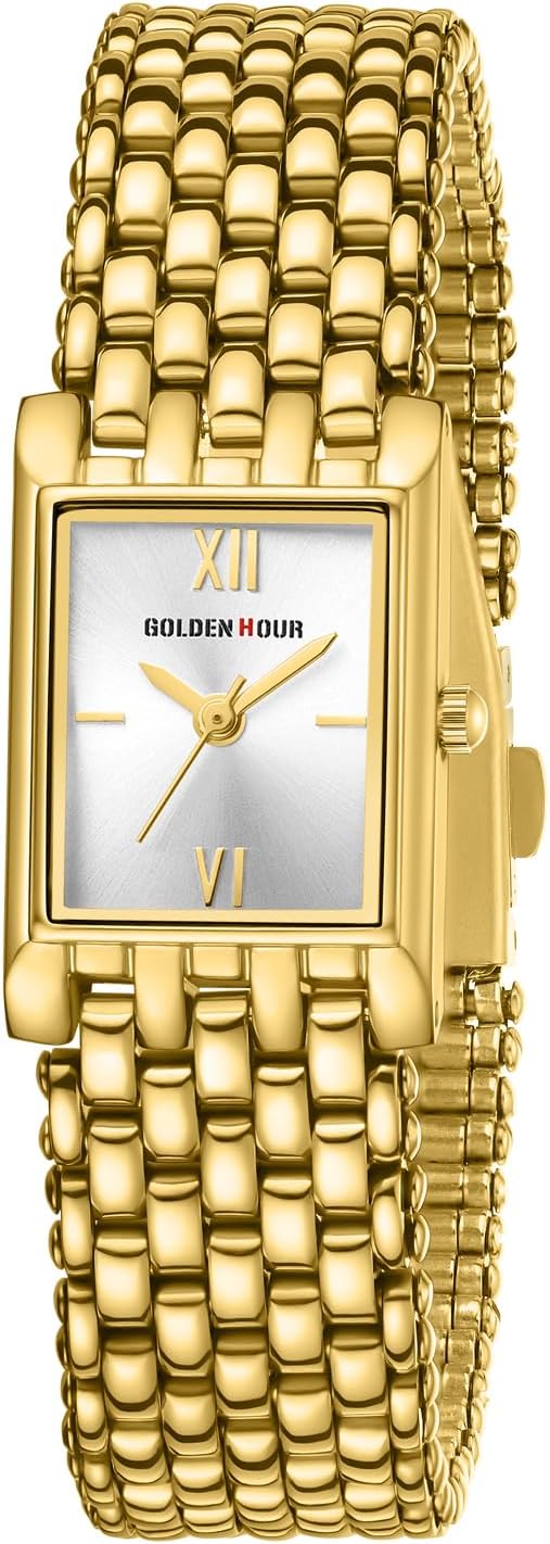 GOLDEN HOUR Women's Vintage Small Analog Quartz Waterproof Fashion Casual Rectangle Gold Stainless Steel Crank Wrist Watches for Girls