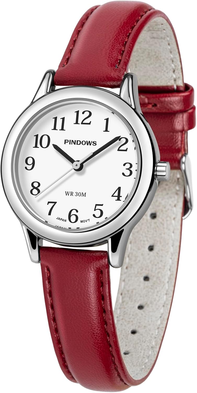 PINDOWS Minimalist Watch for Women, Gold Case with Black Leather Strap, Fashion Elegant Analog Quartz Watch for Everyday
