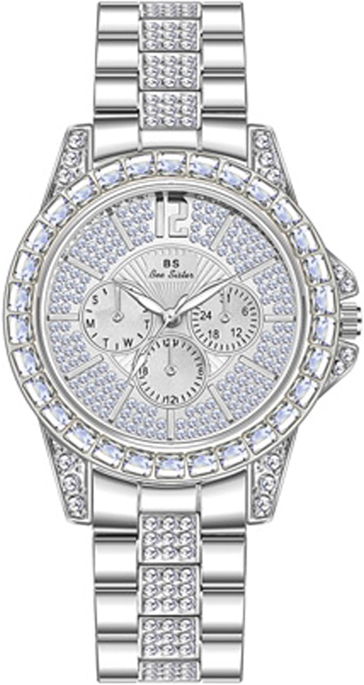 Round Large Rhinestone Dial Ladies Stainless Steel Waterproof Wrist Watch Quartz Watch