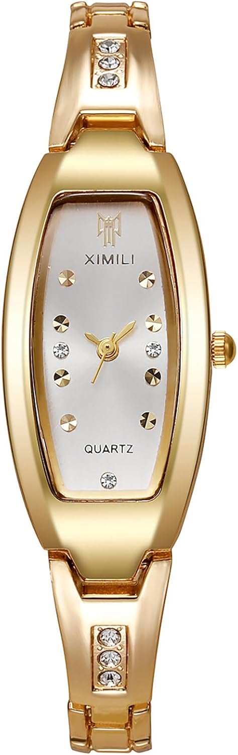 ELLENNE - Women's Gold Bangle Bracelet Watch - Extended Case with Crystals, Elegant Silver Dial, Refined and Feminine Design, Luxury Gift Idea F08