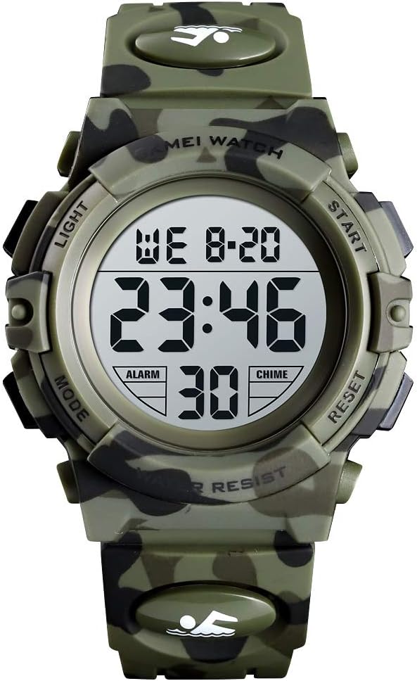 SKMEI Kids Digital Camo LED Alarm Wrist Watch 50M Waterproof Sports Boys (Army Green Camo Camo )Army Green Camo Wristwatch.Strap, Military Green Camouflage., Strap