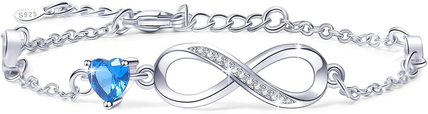 Women's 925 Sterling Silver Bracelet, 925 Silver Infinity Bracelet with Heart Cubic Zirconia Adjustable Bracelets Women's Jewellery Gift for Mom Friend Girl