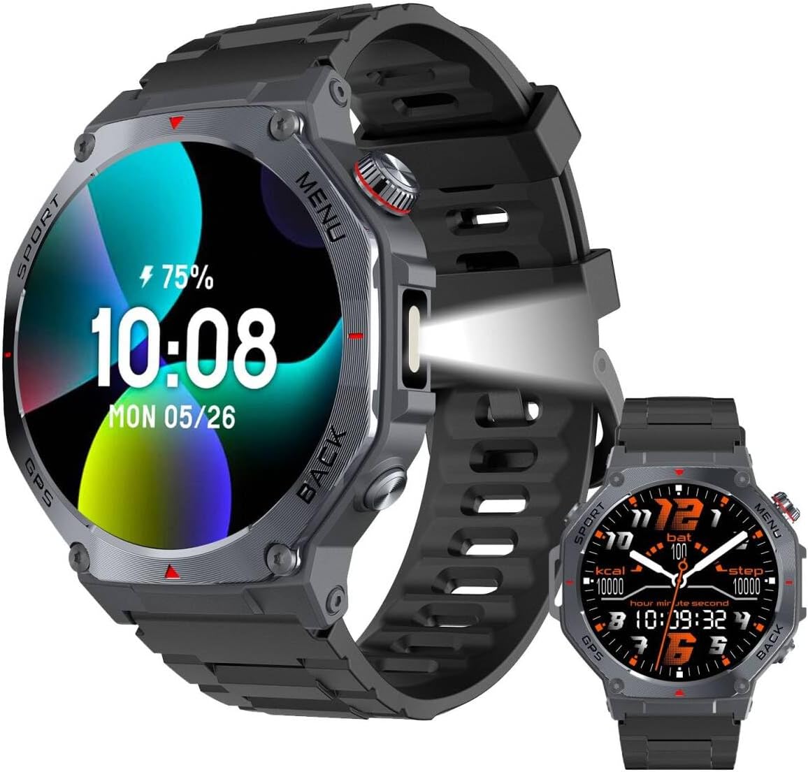 Men's GPS Smart Watch, Built-in Military Style, 170+ Sports Modes, 1.43 Inch AMOLED Flashlight, Smart Watch for Android & iOS, Bluetooth Calls, Heart Rate/Sleep Rate, Compass/Altimeter, 3 ATM, Black