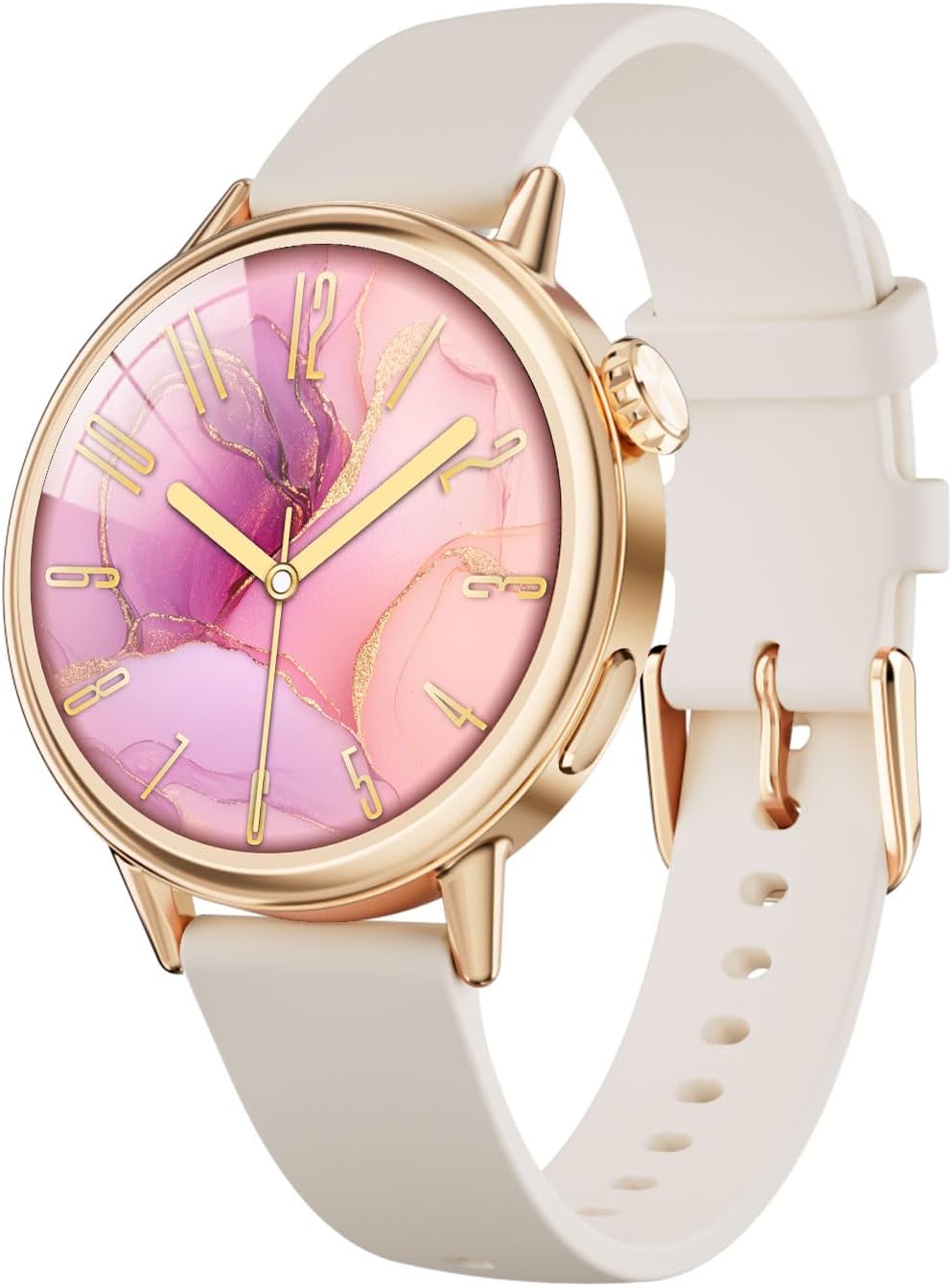 TOOBUR Small Round Smartwatch for Women, Smart Watch with AMOLED Display 28 mm, Fitness Watch – Pedometer/Heart Rate/Calories, Smartwatch Compatible with Android and iOS, Beige