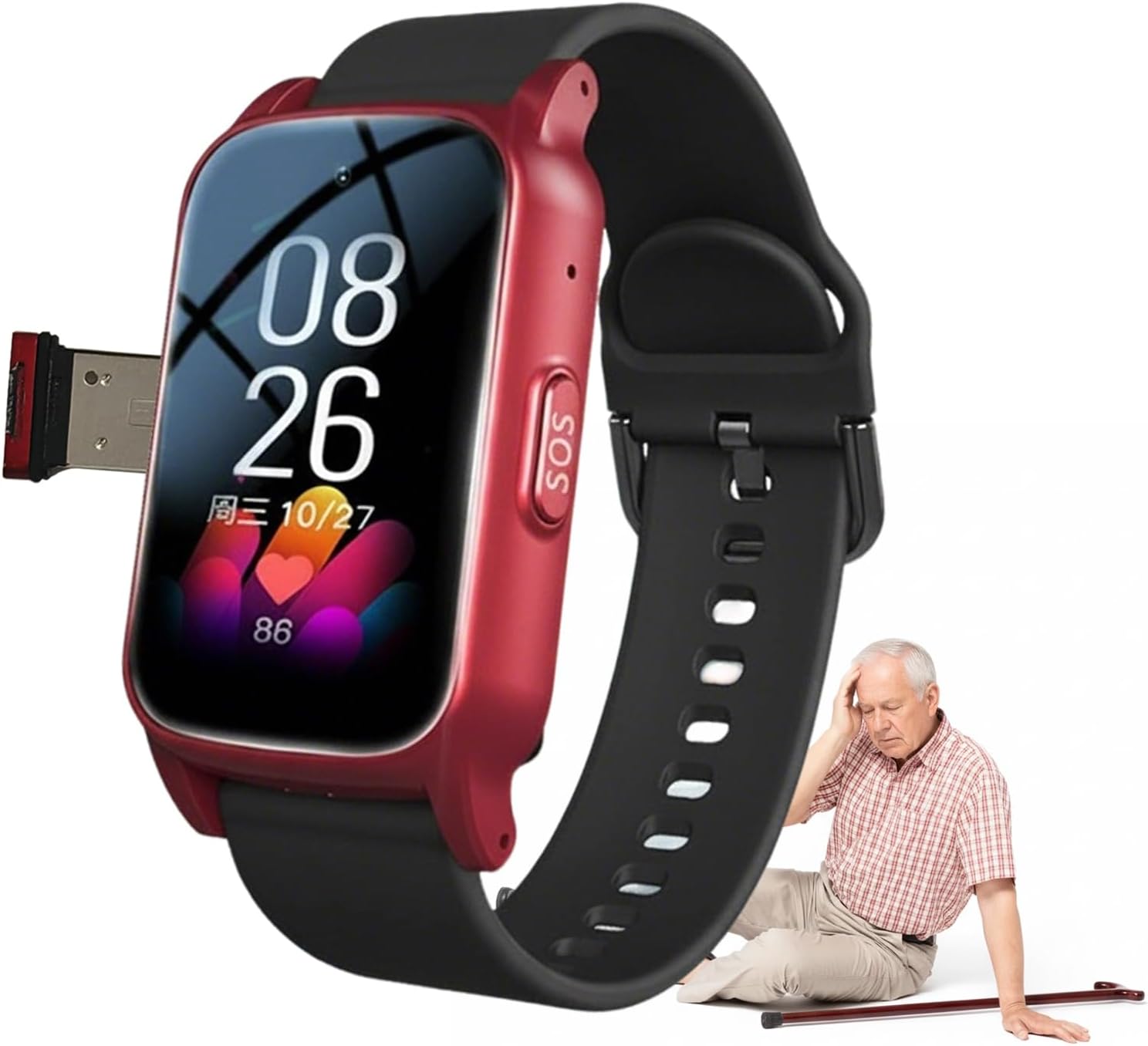Elderly Life Saving Watch, GPS Tracking, Fall Alert, SOS Call, Elderly Life Saving Watch, Suitable for People with DementiaRed, 1.25 x 0.57 x 2.22 Inch