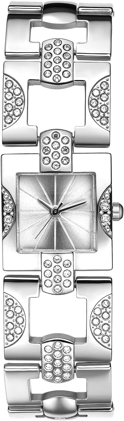 JewelryWe - Women's Watch with Small Square Analogue Quartz Wrist Watch with Glitter Rhinestones