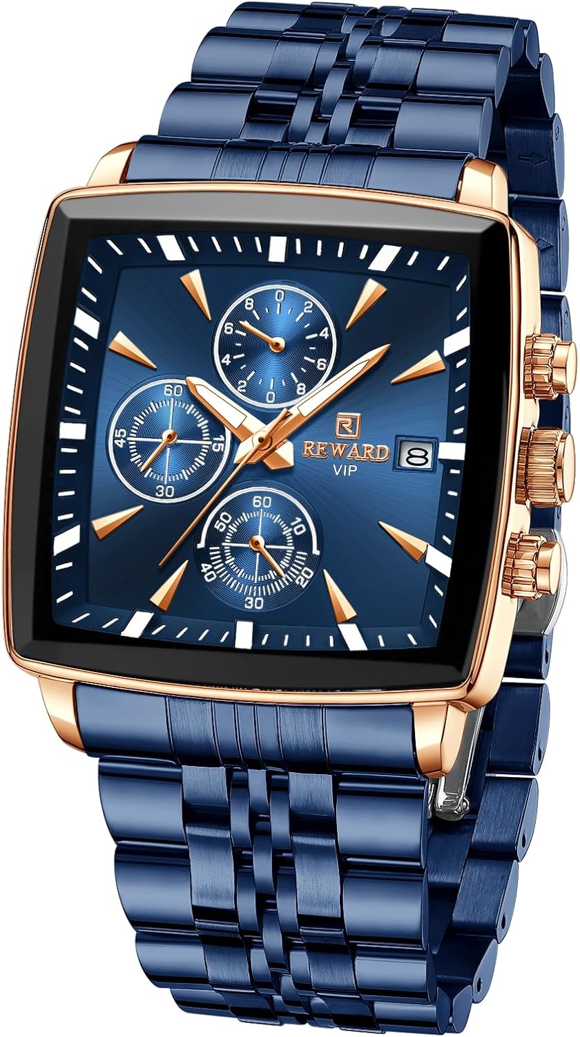 FORSINING REWARD Square Mens Watch Business Quartz Wrist Watches for Men Chronograph Luminous Waterproof Man Wristwatch Blue