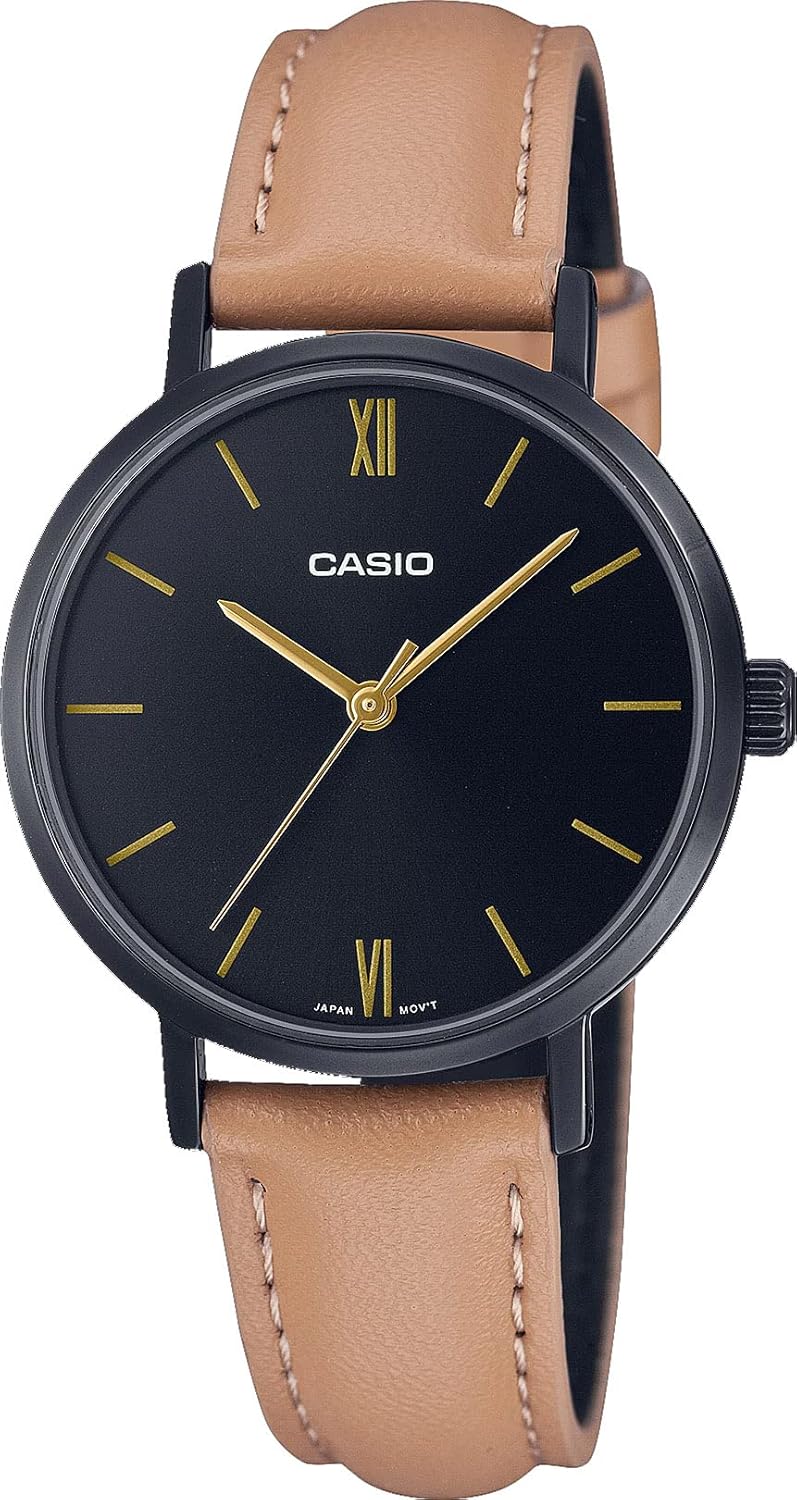 Casio LTP-VT02BL-1A Women's Minimalist Black IP Dial Black Leather Strap 3 Hands Analog Watch, Strap