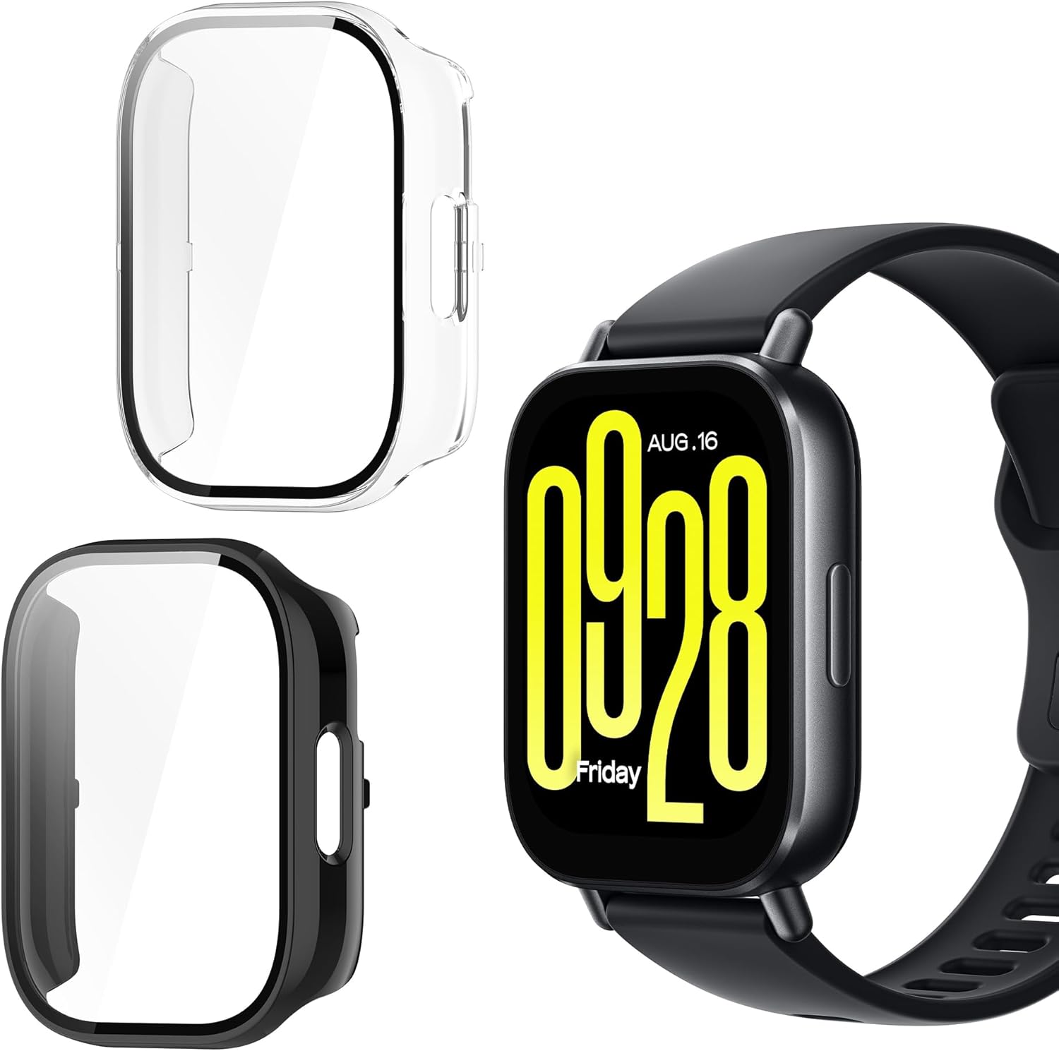 NEWZEROL 2 Pieces Compatible Covers for Xiaomi Redmi Watch 5 Active, [Anti-Scratch] Tempered Glass Integrated PC Case, HD Anti Scratch Total Protection Case – Black/Transparent