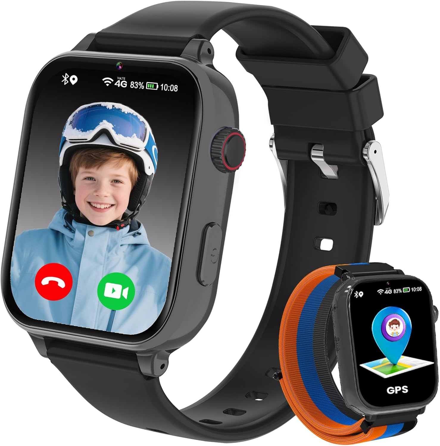 GPS 4G Children's Smartwatch, Smart Watch for Girls and Boys with Phone, Video Call, Chat, Alarm, Room, Classy Mode, Game, Smart Watch Child Girl 4-12 Years Gift, Black