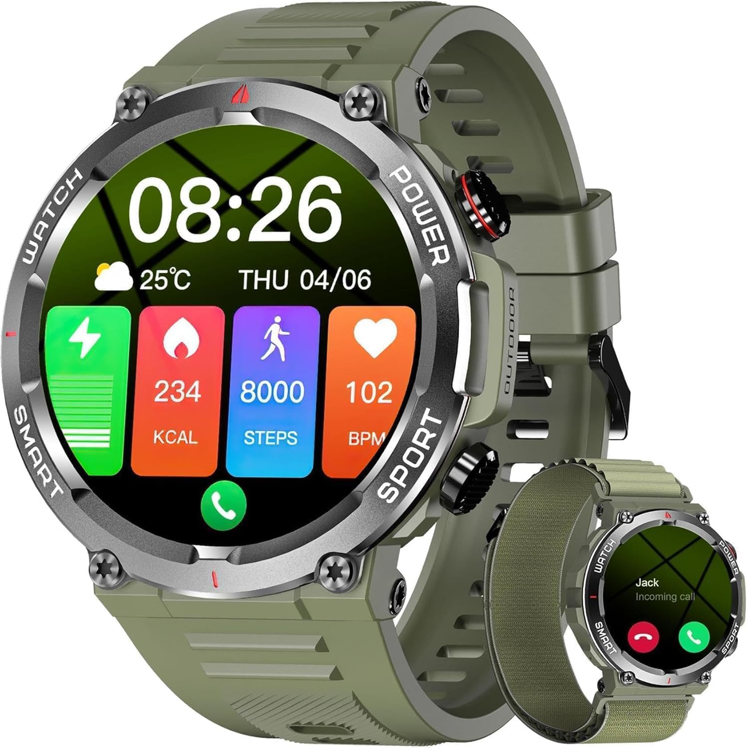 IOWODO Men's Military Smartwatch, GPS Watch with 7 Day Battery, IP68 Waterproof, 100+ Sports Modes, Torch, Compass, Bluetooth Call Notification, Compatible with iPhone and Android