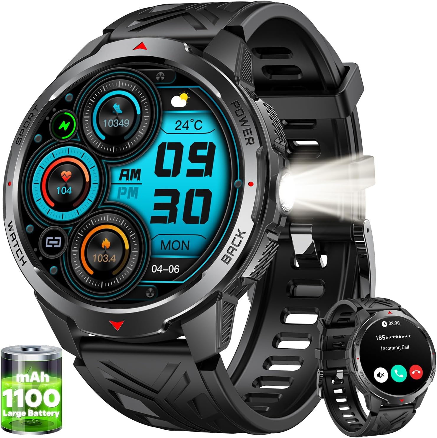 Men's Smartwatch with Calls and Torch: Smart Watch Fitness Watches 1.8 Inches Round Military Touch Big Screen Bluetooth 3ATM Waterproof Heart Rate Monitor Sport Pressure 1100 mAh Compass