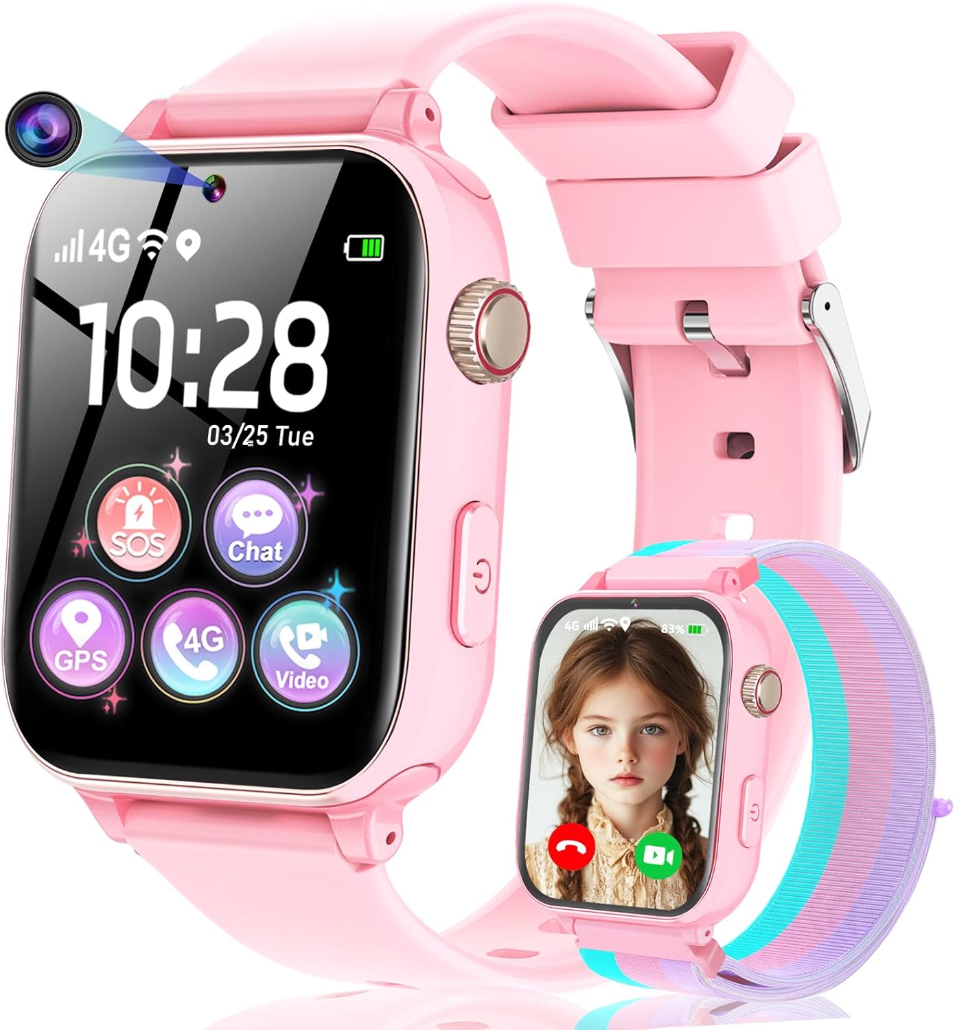 Children's Smartwatch with 4G Calls and GPS Smartwatch with Video Calls, SOS, Voice Chat, School Mode, Games, Alarm, Pedometer, Smart Watch for Boys and Girls Gift, Pink