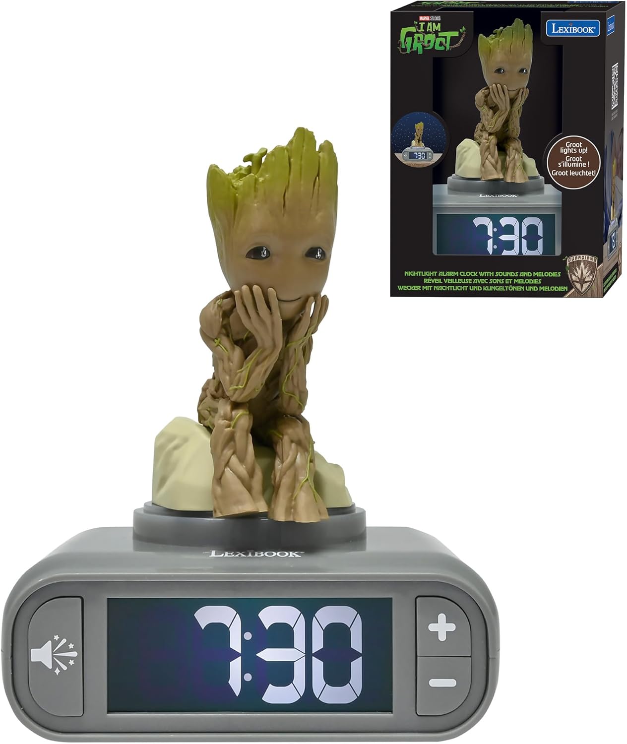 Lexibook, Marvel Guardians of the Galaxy, Groot Night Alarm Clock, Sound and Melody, Backlit LCD Screen, Snooze, Grey/Brown, RL800GG