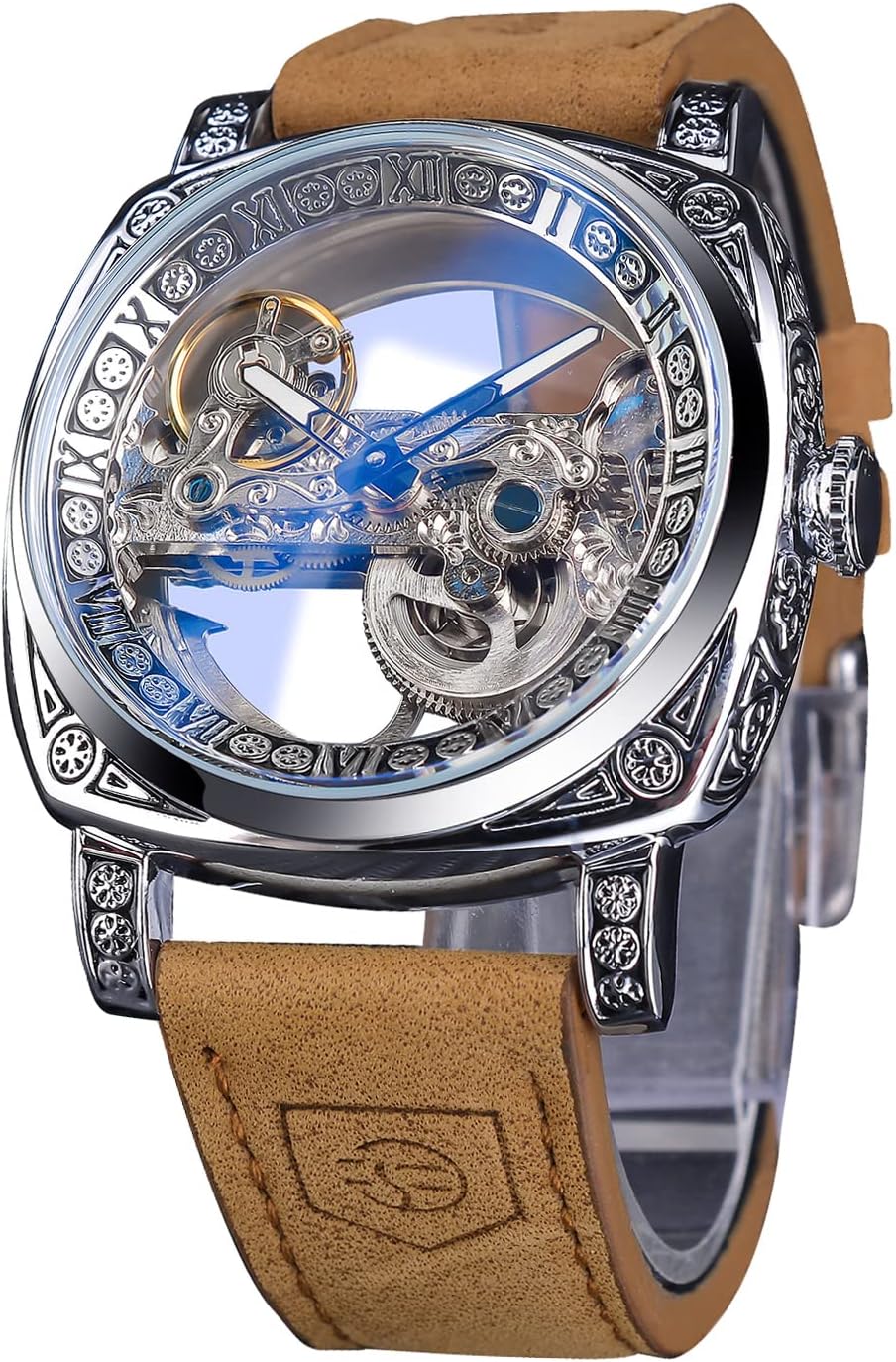 FORSINING Mens Watches Fashion Classic Square Square Transparent Automatic Mechanical Leather Luminous Waterproof Watches