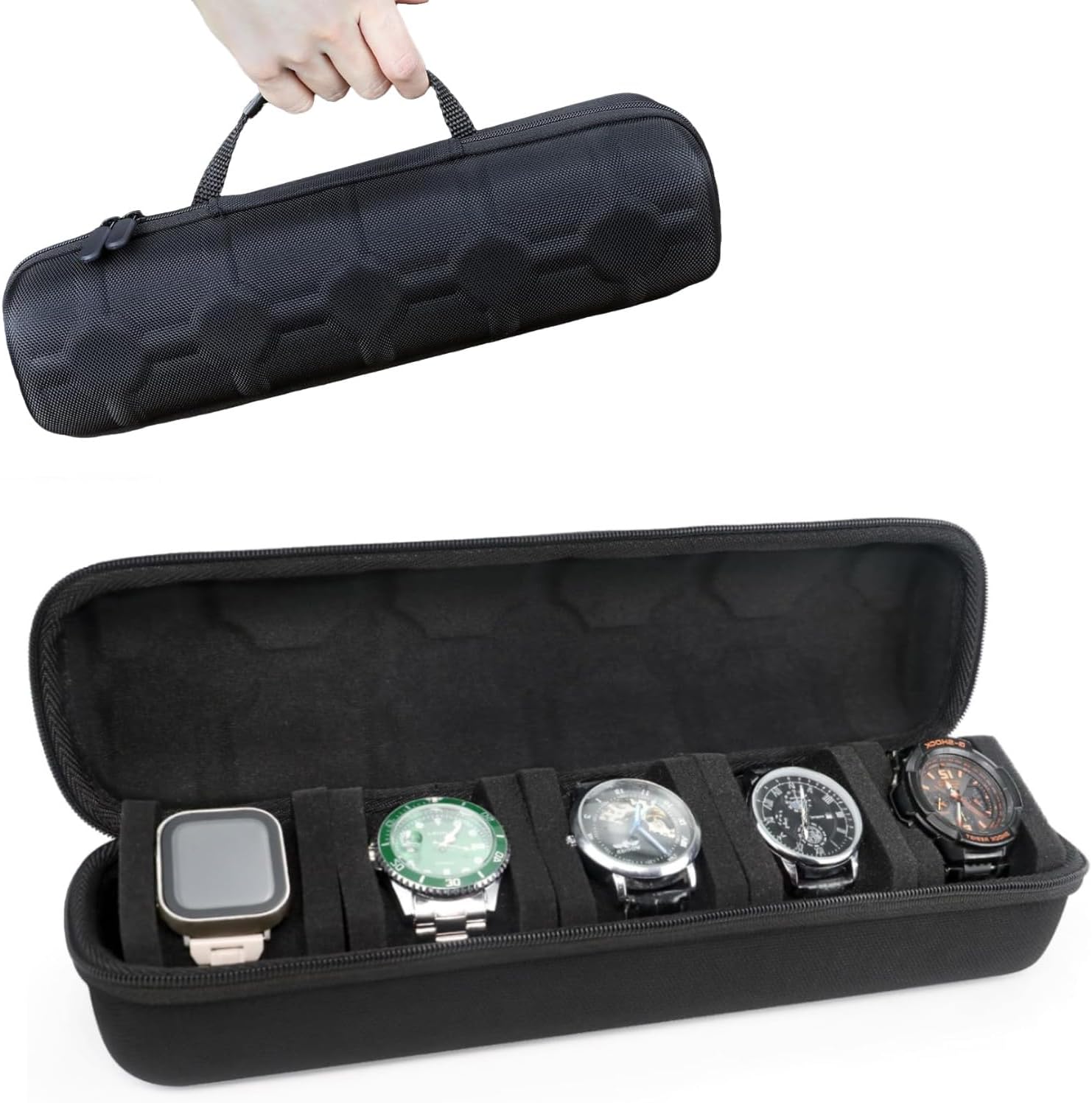5 Slots Watch Travel Hard Case Portable Case with Handle and Zipper, Soft Cushion Anti-Damp for Men and Women (Black)