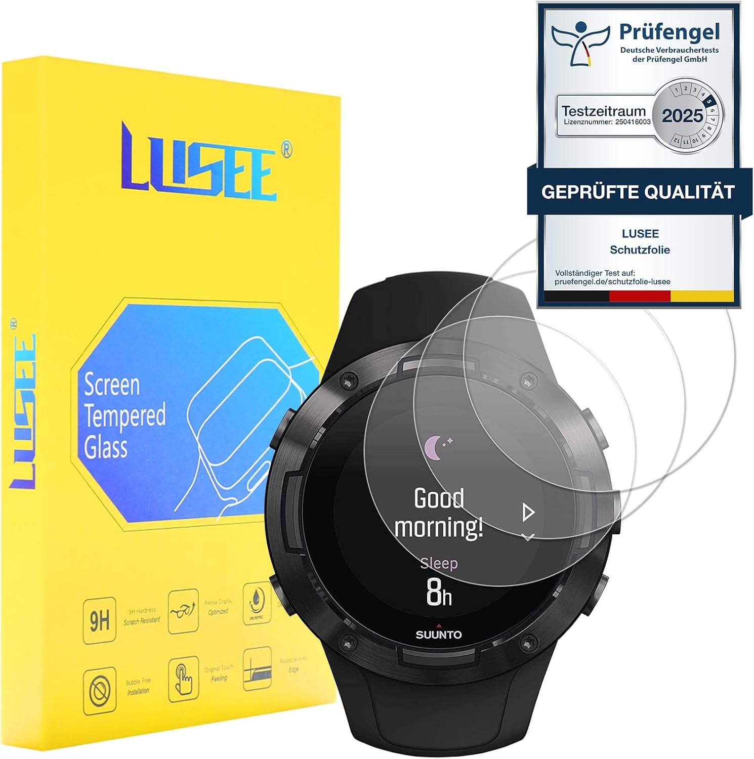 LUSEE 3 x Protective Watch Film (Round, Diameter 38 mm) Tempered Glass Universal Watch Film [9H Hardness] [Clear HD] Anti-Scratch/Anti Fingerprint for Smartwatch Screen