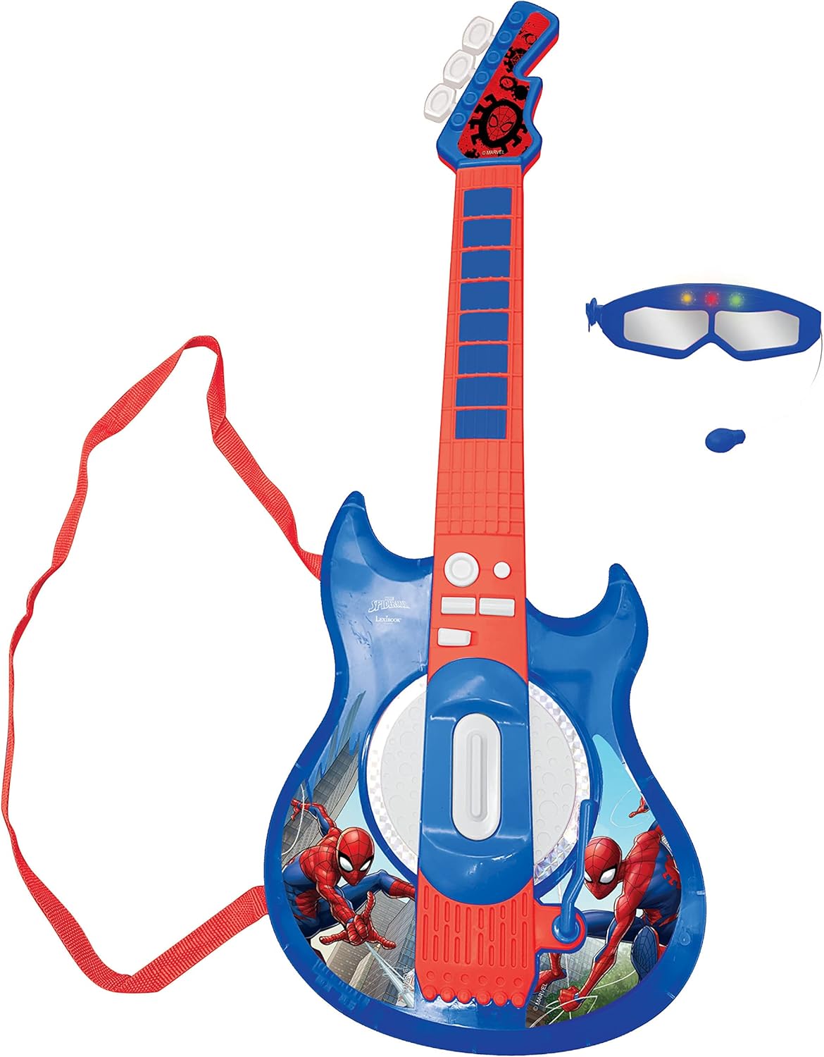 Lexibook, Spider-Man Electric Guitar with Microphone, Glasses with Microphone, Demo Songs, 2 Game Modes, MP3 Plug, Blue/Red, K260SP