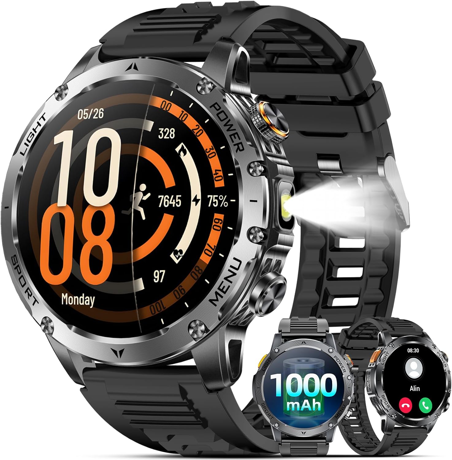 Men's Military Smartwatch with 1000 mAh/Calls/LED Flashlight, 1.7 Inch HD Smart Watch with 100+ Sports Modes, 5ATM, Sleep, SpO2, Message Notifications, Fitness Tracker Android iOS
