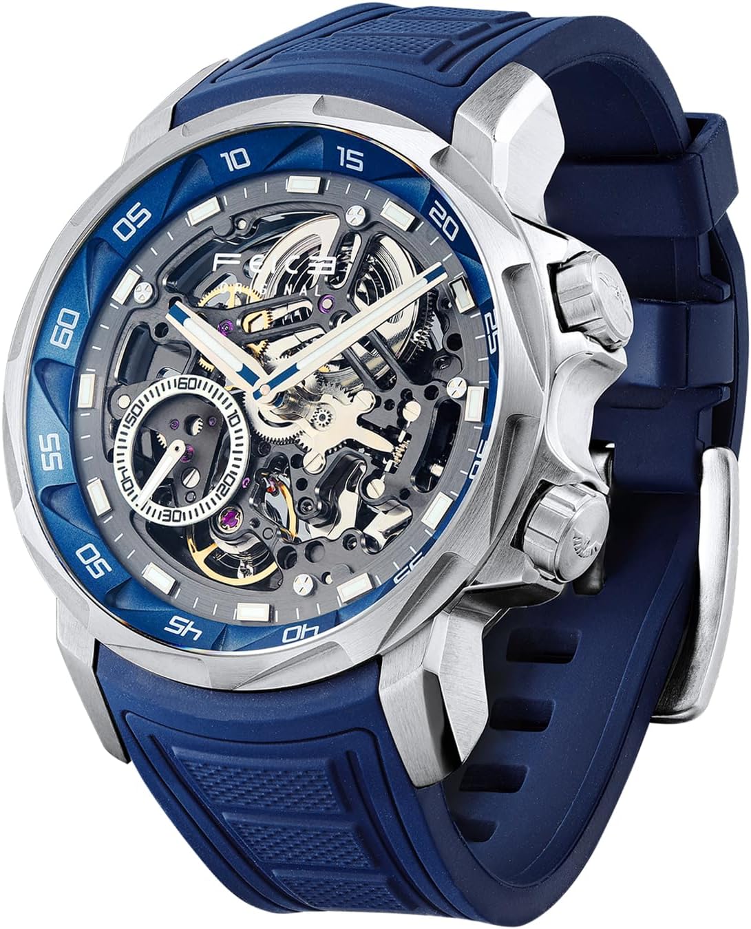 FEICE FM511 Men's Automatic Skeleton Watch with Blue Rubber Strap Stainless Steel Case 46 mm, blue, Modern