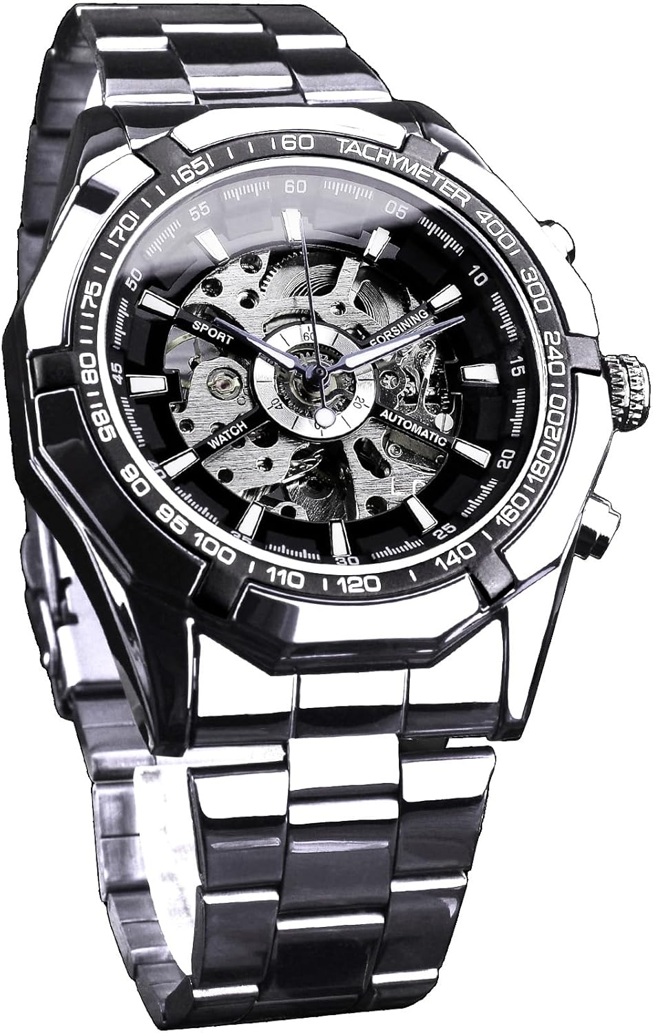 FORSINING Mens Automatic Hollow Skeleton Automatic Automatic Automatic Stainless Steel Band Waterproof Blue Black