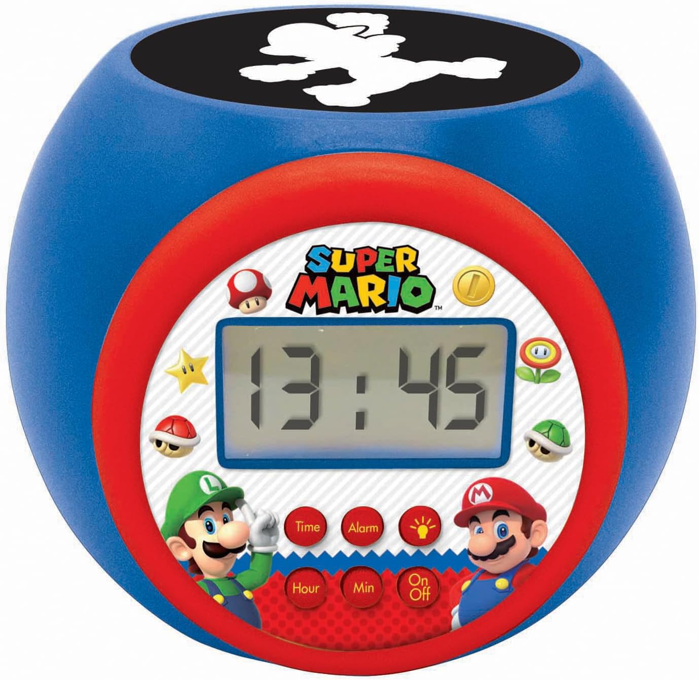 Lexibook, Super Mario Projector Alarm Clock with Snooze Function and Alarm Function, Night Light with Timer, LCD Screen, Battery-Operated, Blue, RL977NI
