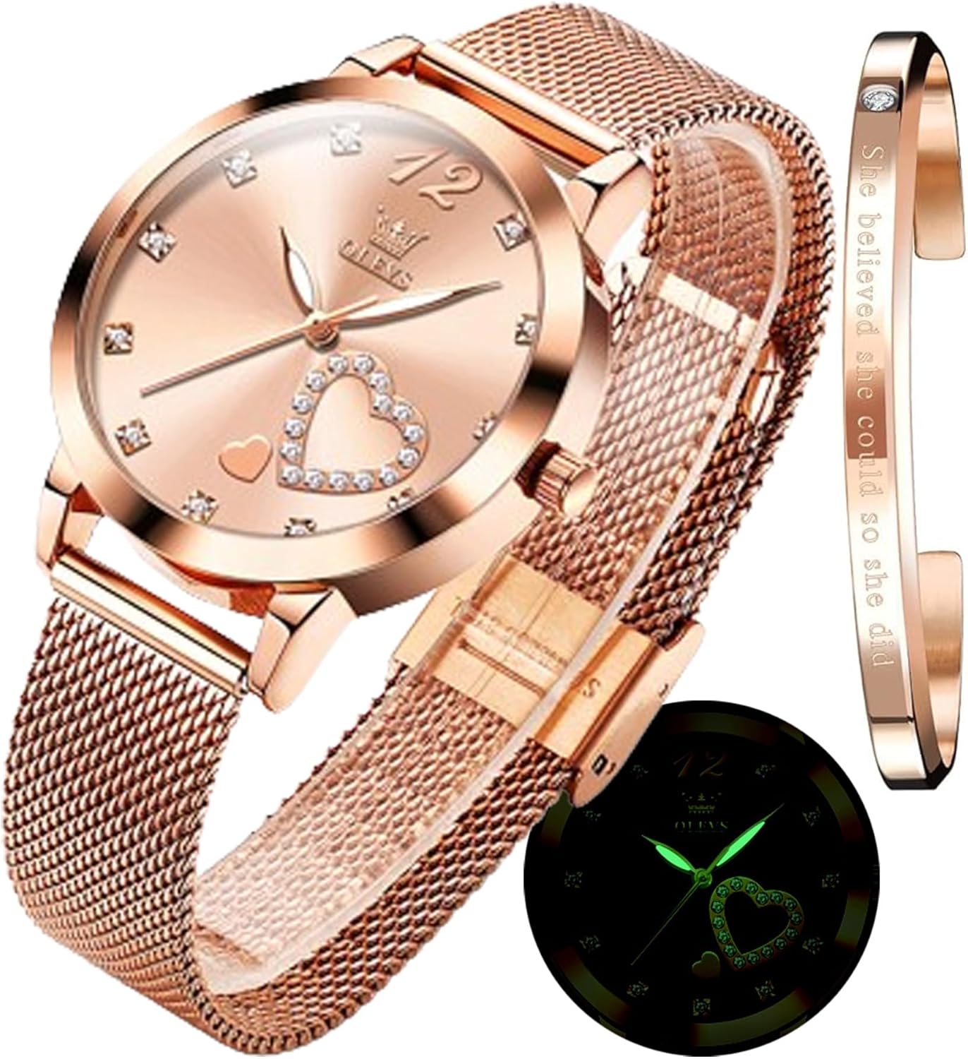 OLEVS Women's Luxury Rose Gold Slim Thin Lightweight Stainless Steel Mesh Watches Fashion Waterproof Wrist Watch for Women, Adjustable Bracelet