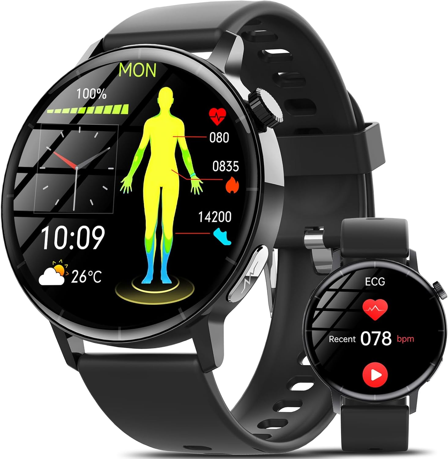 Smartwatch ECG+HRV/Lipid/Blood Pressure/BMI/Uric Acid, 24 Hours Heart Rate Monitor/SpO2/Sleep, 1.41 Inch Health Bluetooth Watch Calls, 150+ Sports, SOS Button, IP67 iOS/Android