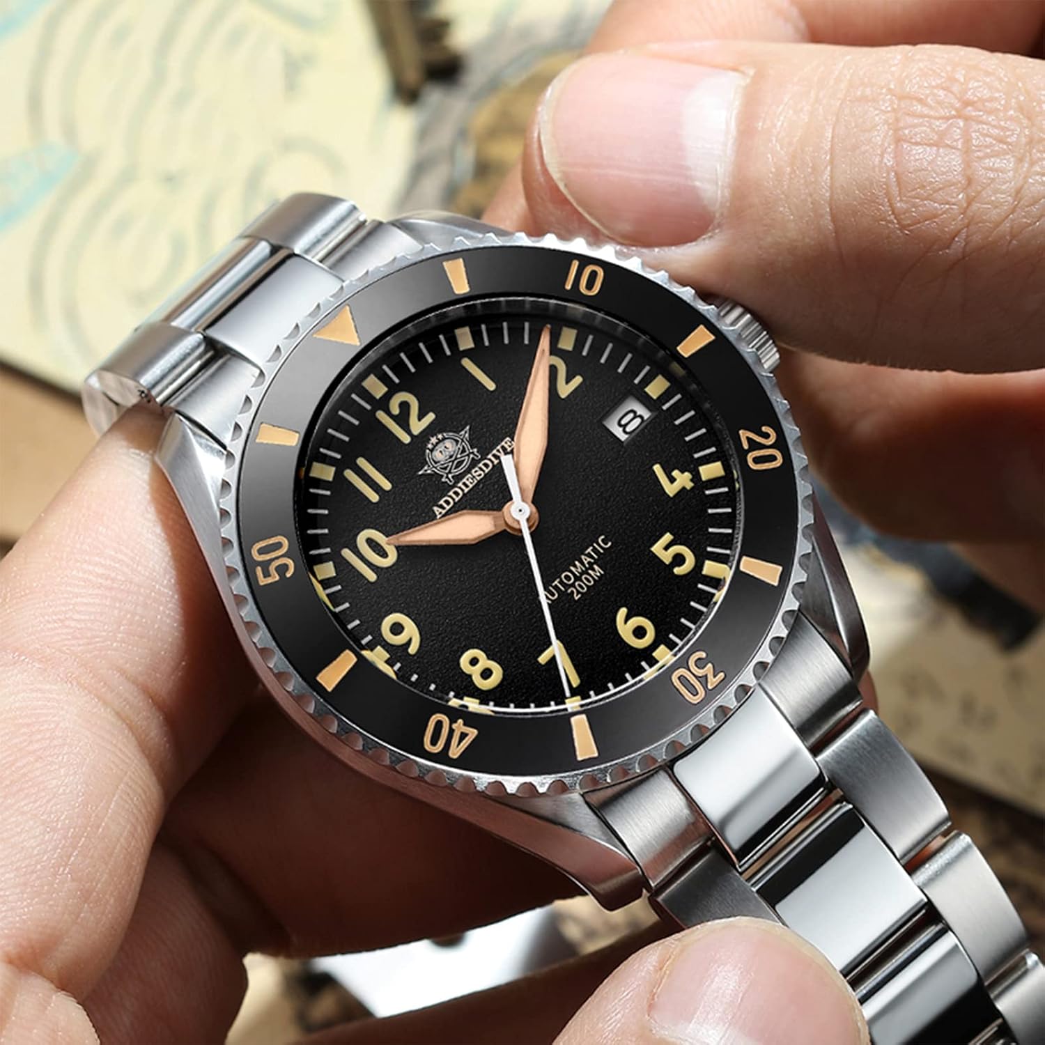 ADDIESDIVE Pilot Automatic Men's Watches Diver 200 m Black Dial Textured Sapphire Glass Curved Synthetic on Both Sides