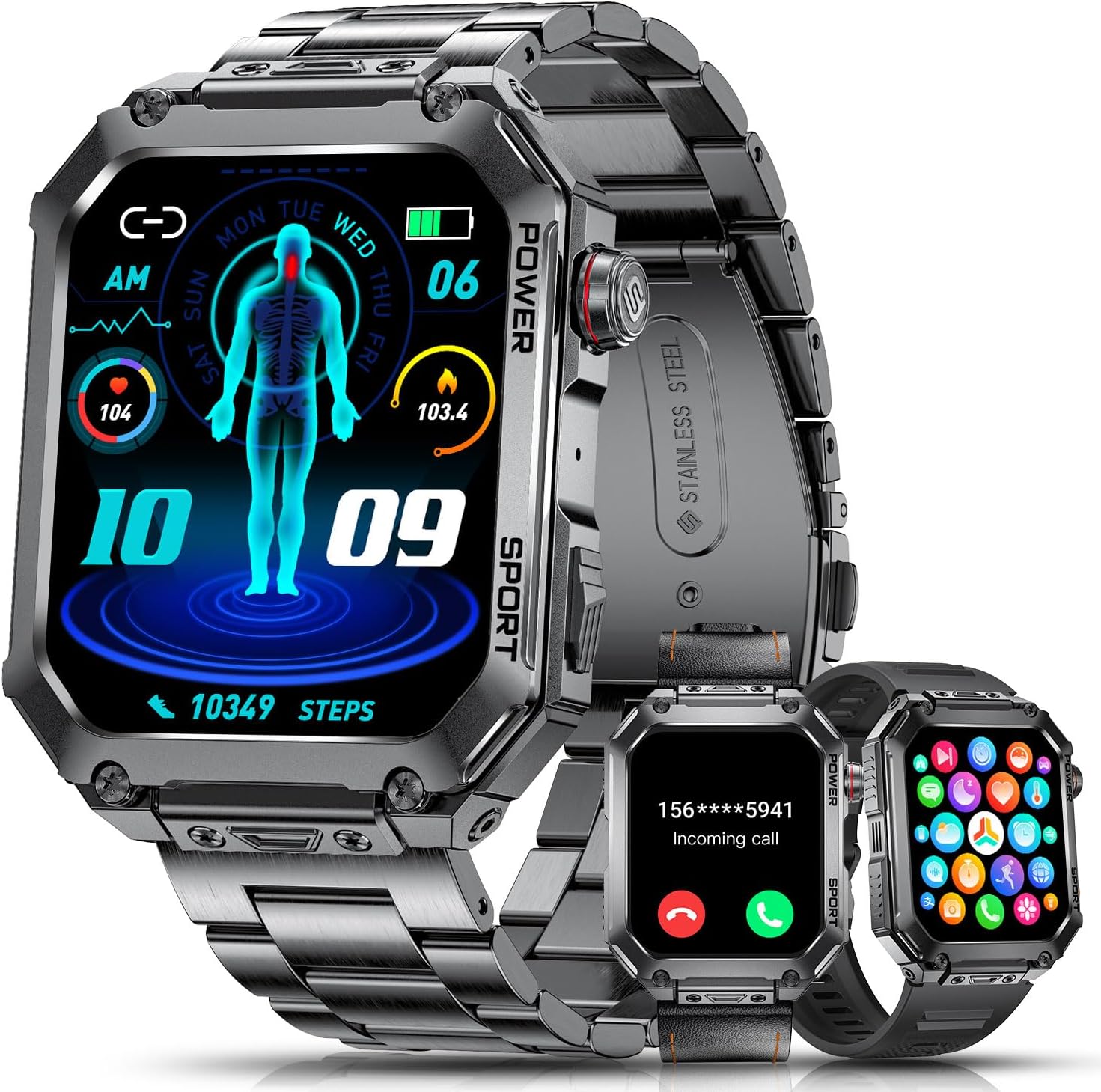 ESFOE Men's Smartwatch, 1.96 Inches Military Smartwatch Fitness Watch with Bluetooth Calls, Smart Watch 100+ Sport Modes, 3 Straps, 400 mAh/5ATM Waterproof for Android iOS