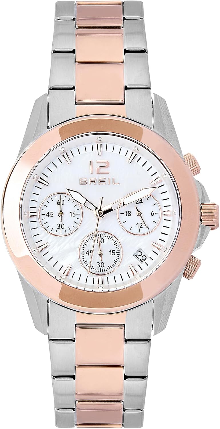 Breil, Collezione Solange, Cronografo Donna, Orologio in Acciaio, Quadrante con Numeri e Indici Luminosi, Bracciale Bilux a Tre Maglie, Chiusura Diver, WR 5 ATM, Cassa 38 mm, Idea Regalo Donna