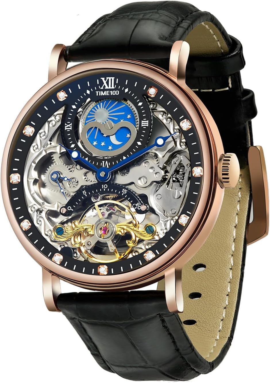 TIME100 Men's Automatic Skeleton Mechanical Watch, Automatic Movement, Genuine Leather Strap, Men's Watch with Stainless Steel Case/Real Leather, 30M Water Resistant