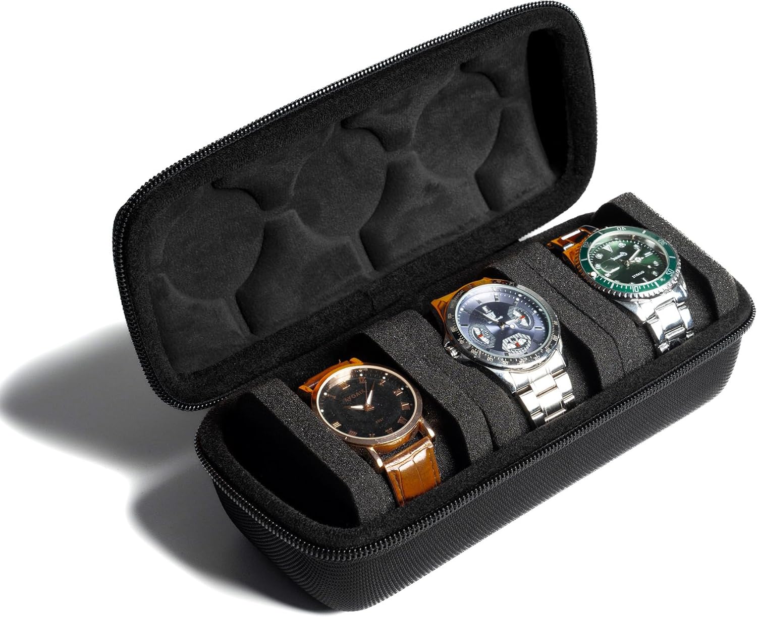 3 Compartment Watch Travel Hard Case Watch Roll Case and Watch Organizer for Men and Women with Anti-Movement Pillow (Black Fabric 3 Slots)