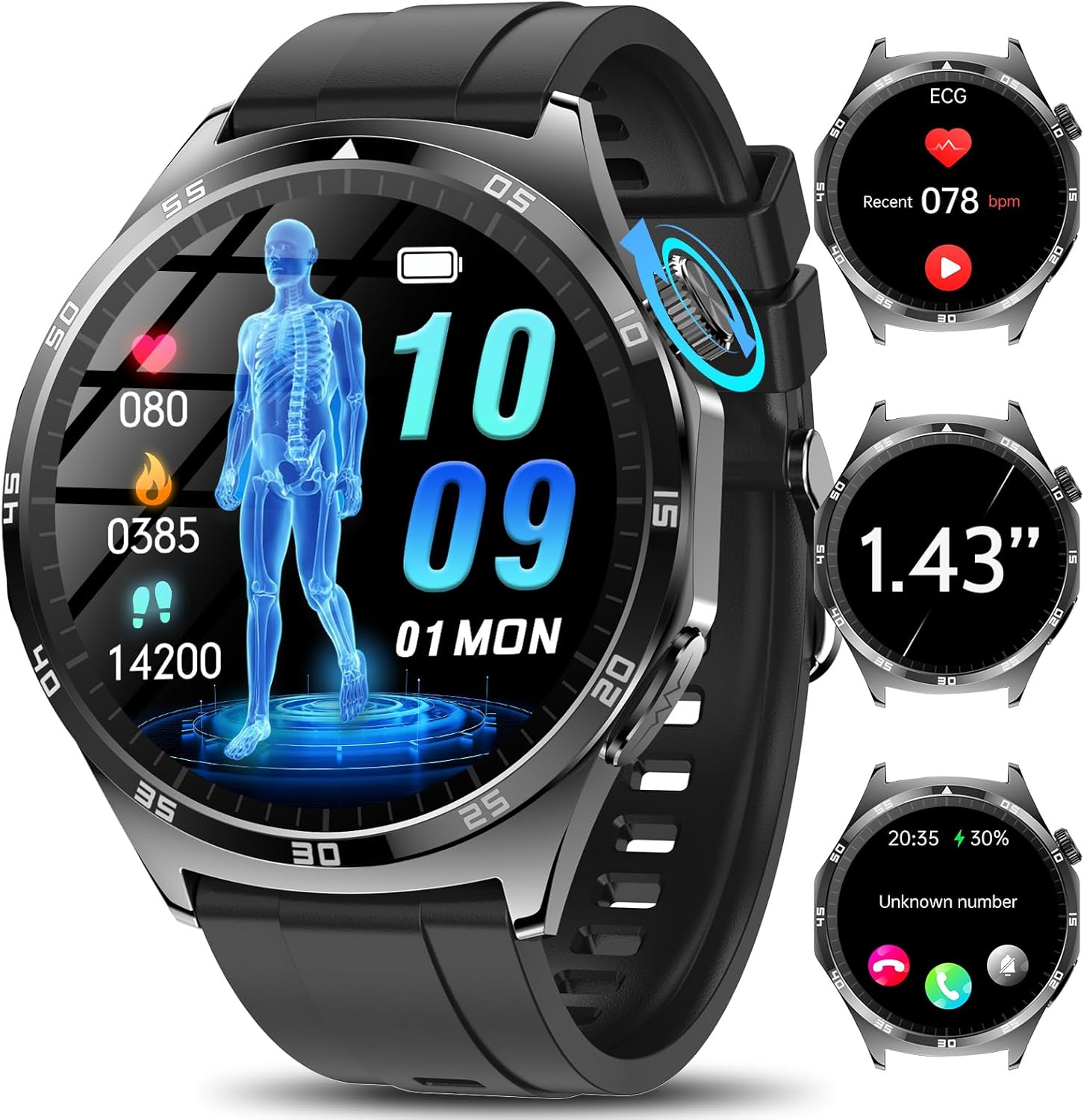 AMOLED Men's Smartwatch with ECG/HRV/BMI/BMI/Li 1.43 Inches Health Bluetooth Calls 24/7 Heart Rate Monitoring/Pressure/Sleep/SpO2 Corporea SOS Smart Watch Fitness, iOS Android
