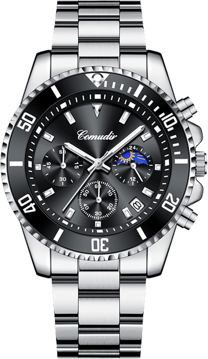 Men's Analogue Chronograph Watch, 30M Waterproof Sports LED Wrist Watch, Quartz Movement Classic Luminous Black, Black, Sporty